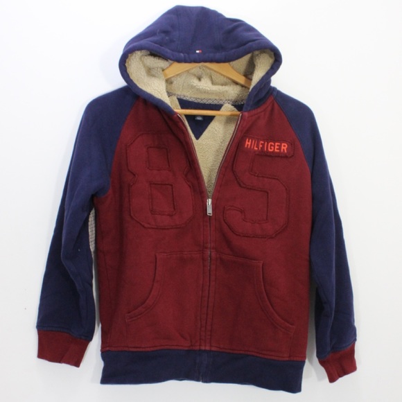TOMMY HILFIGER Full Zip Hoodie Elbow Patches Faux Sherpa Fur Lined Heavy 12/14 - Picture 10 of 16